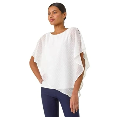 Image of Roman Asymmetric Cold Shoulder Stretch Top for Women UK Ladies Spring Everyday Summer Holiday Round Neckline Comfy Chiffon Like Fabric Soft Layered Shirt Vacation Blouses Spot Ivory Size 16