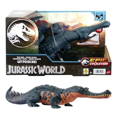 Image of Mattel Jurassic World Wild Roar Gryposuchus Dinosaur Figure with Continuing Sound &amp; Attack Action, Posable Physical Toy Digital Play, HTK71