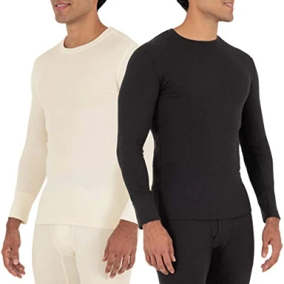 Image of Fruit of the Loom Men&#039;s Recycled Waffle Thermal Underwear Crew Top (1 and 2 Packs) Pajama, Black/Natural, S
