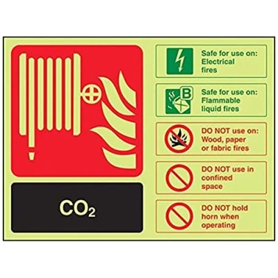 Image of V Safety Glow In The Dark Carbon Dioxide Co2 Id Fire Extinguisher Sign 200mm x 150mm Rigid Plastic
