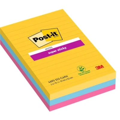 Image of Post it Super Sticky Notes, Carnival Colour Collection, lined, 101 mm x 152 mm, 90 Sheets/Pad, 3 Pads Self stick Notes For Note Taking, To Do Lists &amp; Reminders
