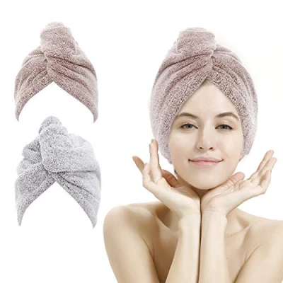 Image of M bestl 2 Pack Hair Towel Wrap,Rapid Carbon Fiber Drying with Buttons, Microfiber for Curly Hair,Anti frizz (Star Gray&amp;Star Pink)