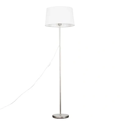Image of MiniSun Modern Standard Floor Lamp in a Brushed Chrome Metal Finish with White Faux Linen Tapered Shade