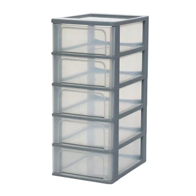 Image of Iris Ohyama Plastic Storage Drawers Unit, 5 Shallow Drawers, Grey, Easy Pull A4, A5 &amp; A6 Format, File Organiser, For Office, School, Stationary, BPA Free, Chest, Tower, OCH 2005