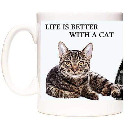 Image of CAT Mug, Life is Better with a CAT. Ceramic Gift Mug Images of Tabby Cats.