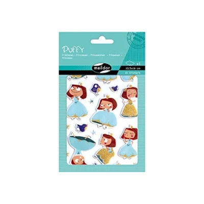 Image of Maildor Ref AE151C Puffy Stickers (Single Sheet) 10.5 x 16cm Fairytale Princess Designs 21 Total, Sparkly &amp; Glittery 3D Effect