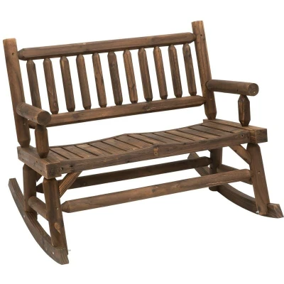 Image of Outsunny Garden 2 Seater Rocking Bench Wood Frame Rough Cut Log Loveseat Slatted High Back Rustic Style with Armrests Outdoor Furniture Dark Stain Brown