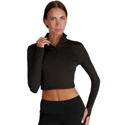 Image of Silky Dance 1/4 Zip Long Sleeve Crop Top Jacket for Women&#039;s, Quarter Gym Top, Sports Yoga Black Small