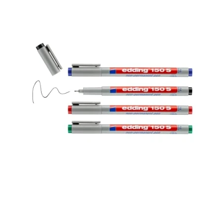 Image of edding 150 S non permanent pen set of 4 black, red, blue, green round nib 0.3 mm for writing on glass, plastic, foils and smooth surfaces quick drying, can be corrected with water