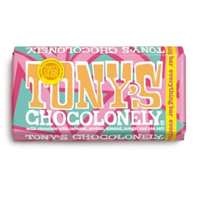 Image of Tony&#039;s Chocolonely Everything Bar Milk Chocolate, Crunchy Caramel, Almonds, Pretzel, Nougat and Sea Salt 180g, Fairtrade