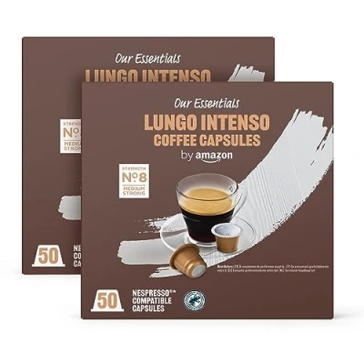 Image of by Amazon Lungo Intenso Nespresso Compatible Coffee Capsules, Medium Roast, 100 Count (2 Packs of 50), Rainforest Alliance Certified
