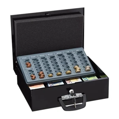 Image of Relaxdays Cash Box Lockable, Coin Counting Board &amp; 4 Note Compartments, incl. 2 Keys, Iron, 11.5 x 36 28.5 cm, Black