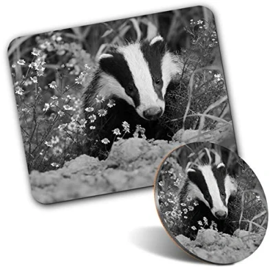 Image of Rectangle Mouse Mat &amp; Round Coaster Set BW European Forest Wild Badger 20 cm 9 for Computer Laptop, Office, Gift, Non slip Base #36630