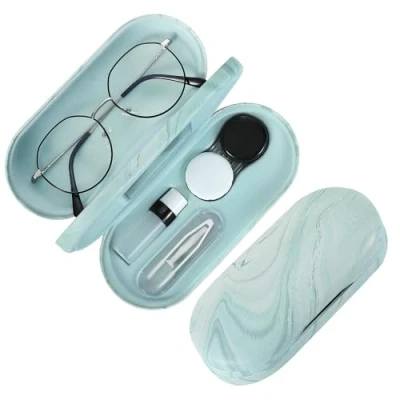 Image of MoKo Double Eyeglass Case, 2 in 1 Sided Portable Glasses Case Contact Lens with Mirror Eye Carrying Bag Anti Scratch Sunglasses Pouch Protective Eyewear, Blue Water Color