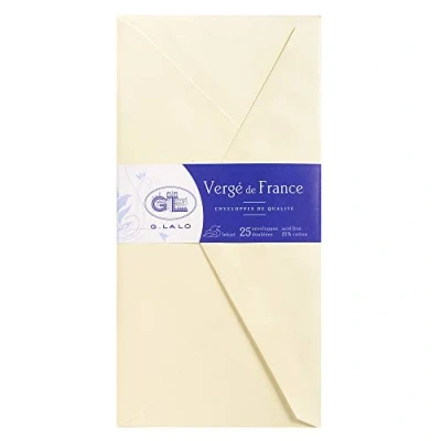 Image of Clairefontaine Ref 22716L G.Lalo Gummed Lined Envelopes (Pack of 20) 11 x 22cm in Size, PEFC Certified, White Linings for Confidentiality Vergé De France Ivory
