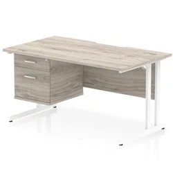 Image of Impulse 1400 x 800mm Scalloped Edge Office Desk Grey Oak Top White Cantilever Leg Workstation 1 2 Drawer Fixed Pedestal