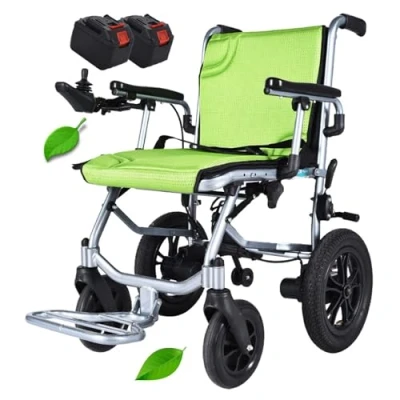 Image of ANBTUKJ Electric Wheelchair, Folding Wheelchairs for Adults,14KG Lightweight Foldable Power Chair with 2 Removable Battery, Maximum Load 150kg, Green
