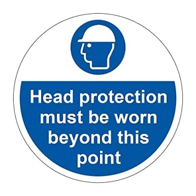 Image of Head Protection Must Be Worn Safety Floor Sign, Hard Wearing Non Slip/Non Abrasive Laminated Face, R9 Grade For Slip Resistance, High Strength Self Adhesive Backing, 400mm diameter