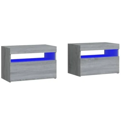 Image of vidaXL Grey Sonoma Bedside Cabinets with LED Lights Contemporary Engineered Wood Nightstands/Side Tables for Bedroom, Storage &amp; Display