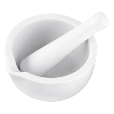 Image of Fackelmann Pestle &amp; Mortar 11cm, Porcelain, Stone Bowl Grinder Set with Pouring Lip, Crush Mash Herbs Spices, 12x11.5x6.5cm, White