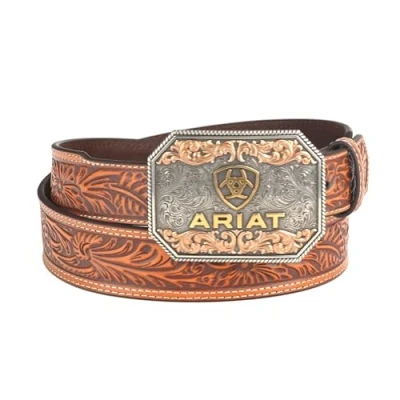 Image of ARIAT Men&#039;s Embossed Western Belt with Medallion Buckle, 40, Tan