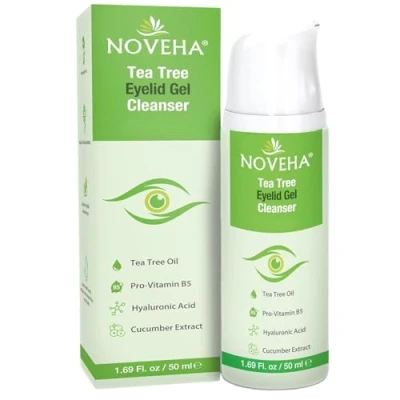 Image of NOVEHA Tea Tree Eyelid Gel Cleanser for Blepharitis, MGD, and Dry Eye with Pro Vitamin B5, Hyaluronic Acid, Cucumber Extract Gentle Cleansing, Soothes Itchy Burning Eyes 50mL