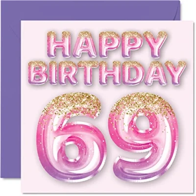 Image of 69th Birthday Card for Women Pink &amp; Purple Glitter Balloons Happy Cards 69 Year Old Woman Mum Nanny Grandma Gran Auntie, 145mm x Sixty Nine Ninth Bday Greeting Gift