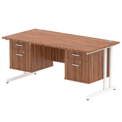 Image of Impulse 1600x800 Desk Walnut White Cantilever Leg + 2x Fixed Pedestal