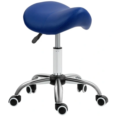 Image of HOMCOM Cosmetic Stool 360 Rotate Height Adjustable Salon Massage Spa Chair Hydraulic Rolling Faux Leather Saddle Mobility Dark Blue
