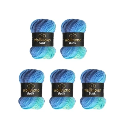 Image of 5 x 100 g Wollbiene Batik, 500 Wool with Colour Gradient, Multicoloured Knitting Wool, Crochet (2130 Blue Turquoise)