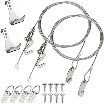 Image of Hyber&amp;Cara Picture Hanging Wire Kit (2 Pictures on 1 Wire) Φ2mm x 2.5m Stainless Steel with 2 Adjustable Hooks + D Ring Frame Hangers Rail Moulding