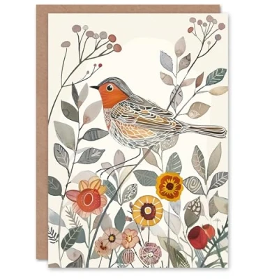 Image of Artery8 Greeting Card Robin Bird Garden Flowers Bright Folk Art Blank For All Him Or Her Birthday