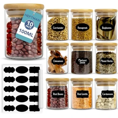 Image of HEFTMAN Small Glass Spice Jars Set of 10, 100ml With Bamboo Lids &amp; Airtight Seal Borosilicate Storage for Spices, Herbs, Tea, Coffee Kitchen Lids, Labels Pen