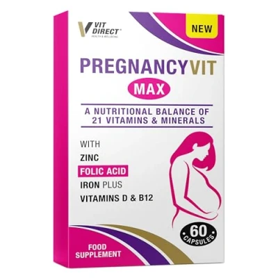 Image of VIT Direct Pregnancy Max Capsules 60 with Zinc, Folic Acid, Iron, Vitamin D &amp; B12 Contains 21 Vitamins Minerals for Women Reduces Tiredness Fatigue