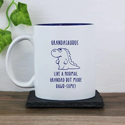 Image of eBuyGB Grandasaurus Mug, Grandad Dinosaur Engraved Blue Reveal Coffee Mug Tea Cup, Father&#039;s Day Gift for Granddad, Grandpa, Birthday Gift, Funny Present