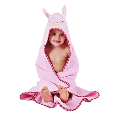 Image of COOKY.D Hooded Baby Bath Towel 100% Soft Cotton Kids Towelling Bathrobe for Girls Boys, 0 6 Years Old, 90 x 90cm, Light Pink Rabbit
