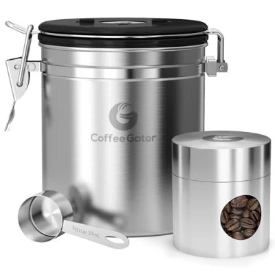 Image of Coffee Gator Canister 480 ml, Airtight Stainless Steel Kitchen Food Storage Container with Date Tracker &amp; Scoop for Powder, Beans, Tea, Sugar, Flour