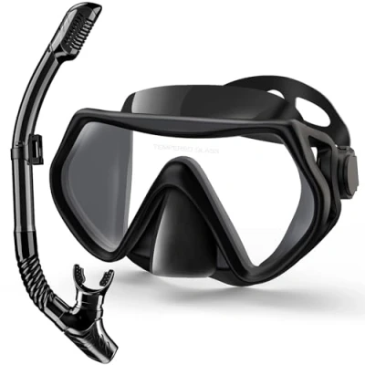 Image of Snorkeling Gear for Adults, Dry Top Snorkel Set Scuba Diving mask, 180Panoramic Wide View Professional Breathing Freely Mask (Black)