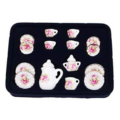 Image of WANGCL Dolls House Tea Set Miniature 15Pcs Dining Ware Porcelain Mugs Doll Accessories for 1/12 Barbie Dollhouse Lundby Dollshouse