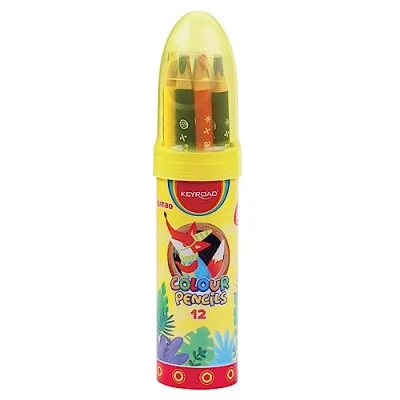 Image of Keyroad Jumbo Triangular Colouring Pencils Pack of 12 / Mixed Colours/Adults and Children/Soft Graphite/Ideal for Books/Hanging Hole/in a Rocket Shaped Metal Tube