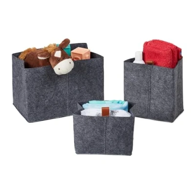 Image of Relaxdays Set of 3 Storage Baskets in Various Sizes, Foldable, Organiser Boxes for Wardrobe &amp; Drawer, Made Felt, Grey, 20x30x19cm
