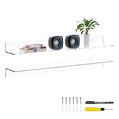 Image of Sezanrpt 36 Inches Clear Long Floating Shelves for Wall, Acrylic Wall Shelf, Mounted Plants, Radio, Funko Pop, Books, Picture Frame, Clock, Cosmetics, Toiletries, 2 Pack