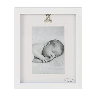 Image of 4&quot; X 6&quot; WHITE MDF PHOTO FRAME WITH TEDDY BEAR ICON BABY CHRISTENING