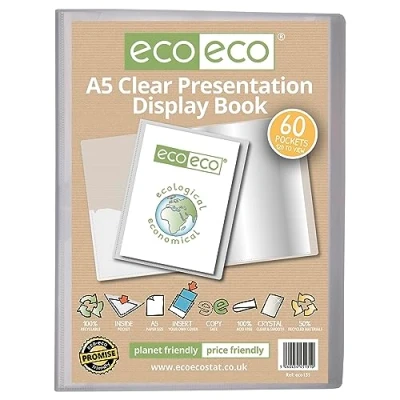 Image of eco A5 Size 50 Percent Recycled 60 Pocket Clear Presentation Display Book, Storage Case Portfolio Art Folder with Plastic Sleeves, eco131