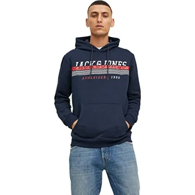 Image of JACK &amp; JONES Men&#039;s Pullover Sweatshirt Hoodie Casual Warm Logo Print Hooded Top Navy Blazer S