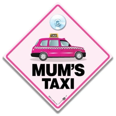 Image of Mum&#039;s Taxi Sign, Car Suction Cup Mums Pink London Black Cab Sign 14cm x