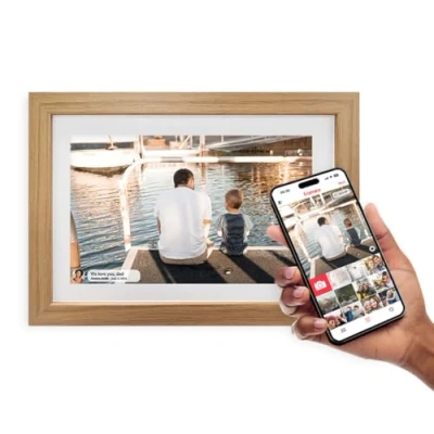 Image of Inov8 Framing Smart WiFi 10.1 Inch High Res 32GB Touch Screen Digital Picture Frame + Frameo. Send &amp; Share 100’s Photos/Videos via iOS Android Devices from any location. White w/Light Oak Frame.