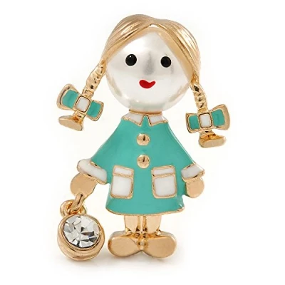 Image of Avalaya Funky Mint Green Enamel, Pearl Bead Doll Brooch with Crystal Purse in Gold Tone Metal 40mm L