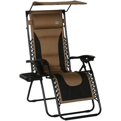 Image of Outsunny Zero Gravity Lounger Chair, Folding Reclining Patio Chair with Shade Cover, Cup Holder, Soft Cushion and Headrest for Poolside, Camping, Brown