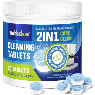 Image of 2 phase cleaning tablets for automatic coffee machines compatible with Jura 25 cleanings